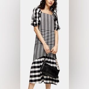 Topshop Black and White Bubble Textured Midi Check Dress